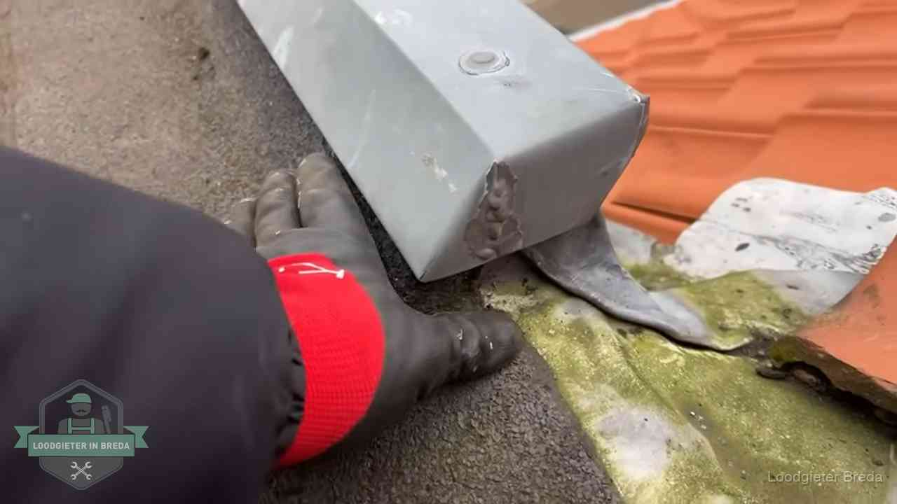 Hemelwaterafvoer en dakgoot controleren in Breda Controle van een zinken hemelwaterafvoer met loodslab bij dakpannen in Breda